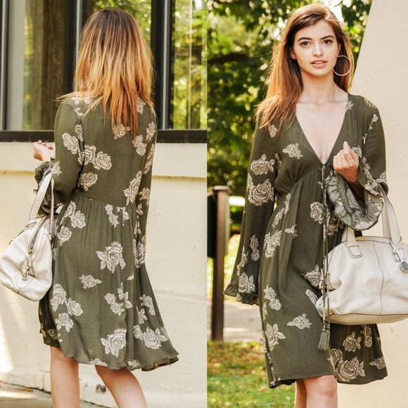 Olive Long Sleeve Floral Dress - Picture 3 of 5